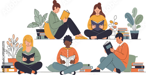 Flat Vector Illustration of Diverse Young People Sitting and Reading Books in a Cozy Library or Home Environment with Indoor Plants for Education Concepts
