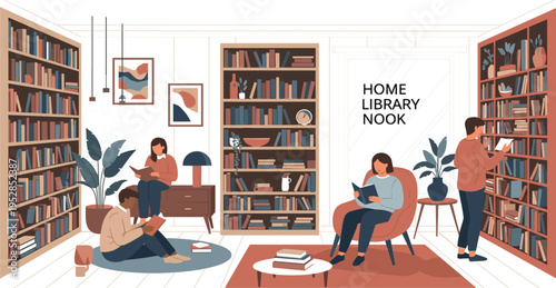 Cozy Home Library Interior with People Reading Books in Living Room Library Nook, Bookshelves, and Comfortable Reading Space Illustration Design