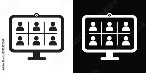 Laptop icon showing a group video call with multiple participant avatars. Vector symbol for remote work, online meetings, webinars, virtual classrooms, and digital collaboration.