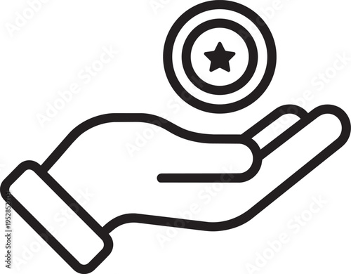 Hand holding coin icon vector, reward earning symbol, cashback loyalty concept illustration, financial support gesture, minimal outline design, business profit bonus isolated on white background