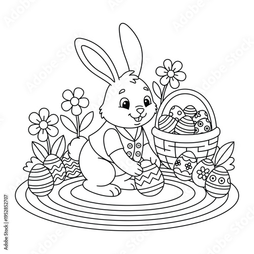 Easter coloring page shows a cute bunny decorating eggs beside a basket in garden