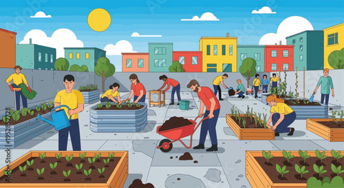 Community Garden Rooftop Urban Farming People Working Together.