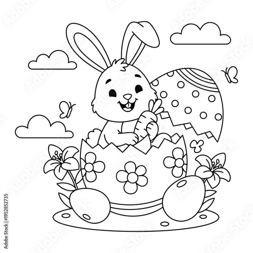 Easter coloring page shows a cute bunny hatching from a decorated egg with carrot