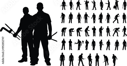 Black silhouette collection of professional workers and handymen holding tools isolated on white background for industrial service, construction labor, and home repair maintenance projects.