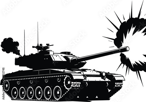 Black and white vector silhouette of a heavy armored military battle tank firing its main cannon with a large blast explosion on white background