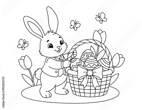 Easter coloring page features a cute bunny placing decorated eggs in a basket