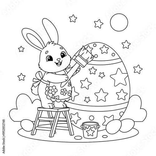 Easter coloring page shows a cute bunny painting a giant decorated egg with stars