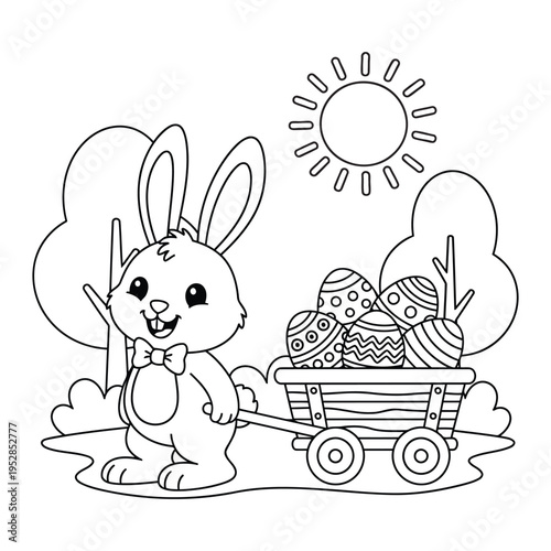 Easter coloring page shows a cute bunny pulling a wagon full of decorated eggs
