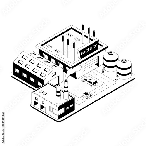 An isometric illustration of industrial headquarters