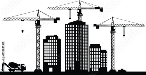 Black silhouette of construction site with tall tower cranes, building skyscrapers, and a concrete mixer truck isolated on white background for urban development projects.