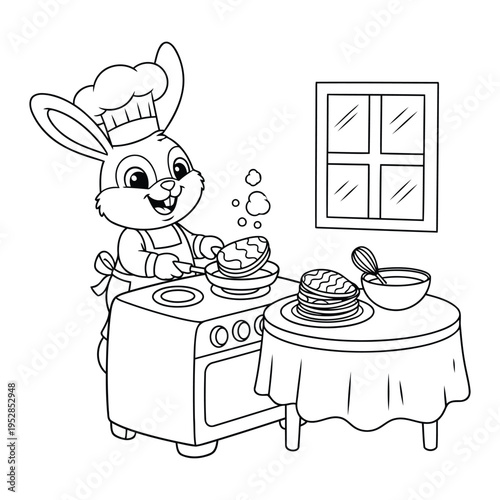 Easter coloring page shows a cute bunny cooking pancakes on a stove in a cozy kitchen