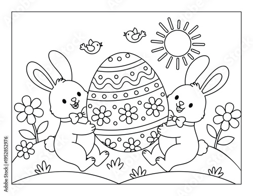 Easter coloring page shows two cute bunnies holding a large decorated egg