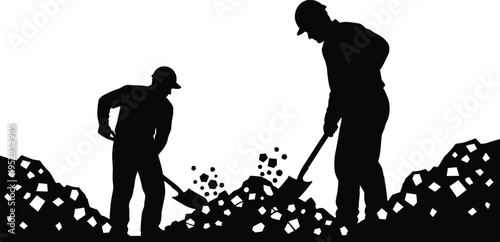 Black silhouette of two male construction workers wearing hard hats and using shovels to move piles of heavy rocks isolated on white background.