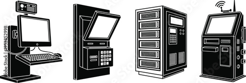 Black silhouette set of ATM bank machine, computer workstation, server rack, and information kiosk terminal isolated on white background for financial and technology projects.