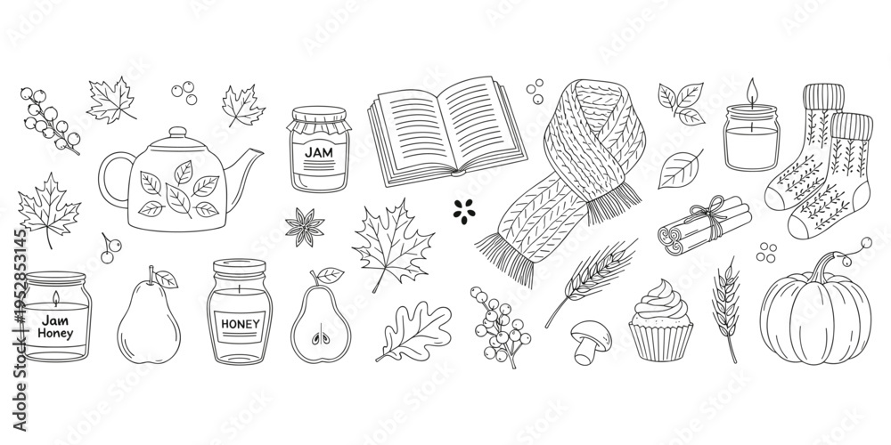 Fototapeta premium Autumn cozy elements illustration, seasonal fall design, harvest motif artwork, warm decorative symbol, rustic lifestyle motif, comfort artwork, black white drawing