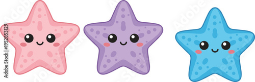 Cute kawaii starfish character set with happy pink, purple, and blue sea stars for children's marine life design