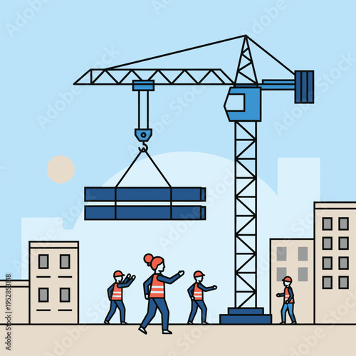 Construction workers operating a crane with building materials.