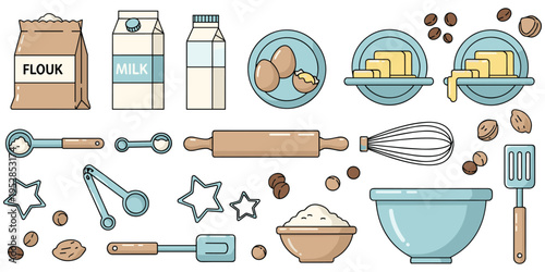 Baking ingredients illustration, flour milk butter eggs, kitchen tools whisk spatula rolling pin, mixing bowl cookie cutters nuts, flat vector illustration
