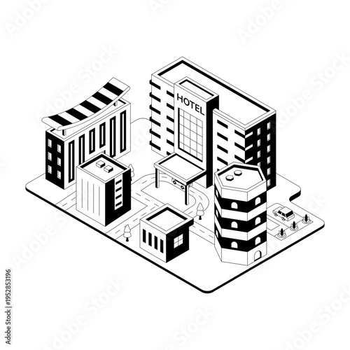 An isometric illustration of a hotel