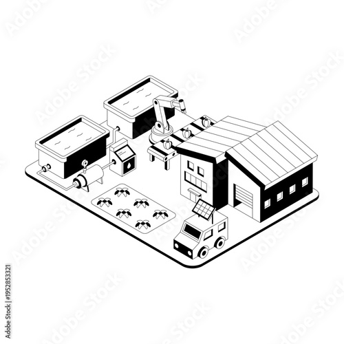 Isometric illustration showing a farming plant