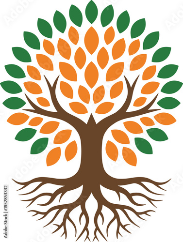 Symmetrical tree of life icon with deep roots and orange green leaves isolated on white for wellness and ancestry branding