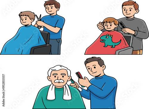 Cartoon illustration of people getting haircuts at a barbershop, showing hair care, grooming, and hairstyling services for all ages