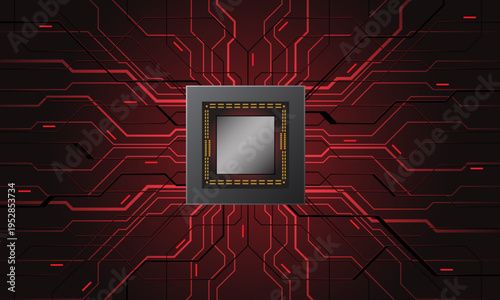 Bild auf Leinwand Abstract red circuit board technology connected lines electronics elements compu