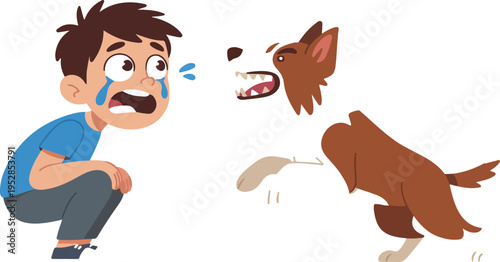 Illustration of a frightened boy reacting to a barking dog, conveying caution, fear, and intimidation in playful vector style