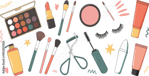 Women cosmetic products beauty set including mascara, lipstick, eyeshadow, brush, concealer, lip gloss, and sponge in trendy hand-drawn doodle style