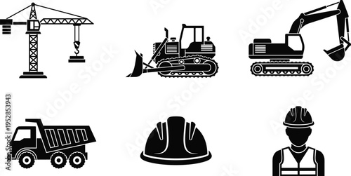 Construction icon set featuring crane, bulldozer, excavator, dump truck, hard hat, and worker silhouettes for industrial building, civil engineering, and site safety management concepts.