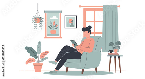 Woman relaxing on armchair at home using tablet with indoor plants and cozy interior illustration