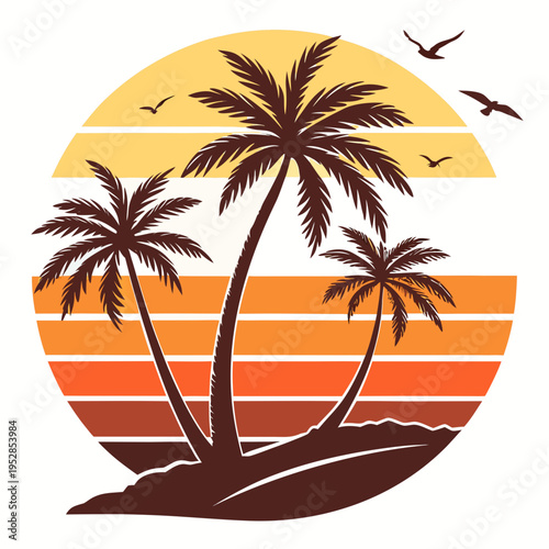 Three palm trees silhouetted against a striped sunset on a small island with flying birds illustration for tropical summer design