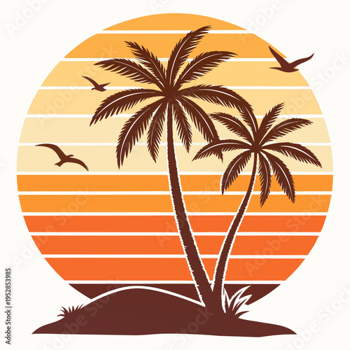 Two palm trees silhouetted against a striped sunset on a small sandy mound with flying birds illustration for tropical summer design