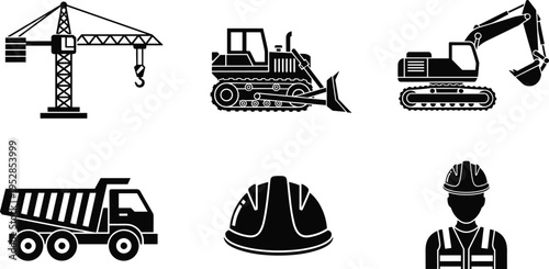 Construction icons set featuring black silhouettes of crane, bulldozer, excavator, dump truck, hard hat, and worker isolated on white background for industrial building projects.