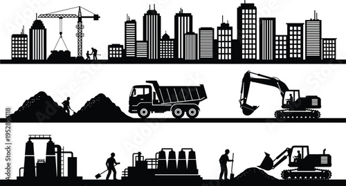 Construction worker line icon set featuring civil engineers, builders with tools, surveyors, heavy machinery, excavators, shovels, wheelbarrows, ladders, and professional site laborers for industrial 