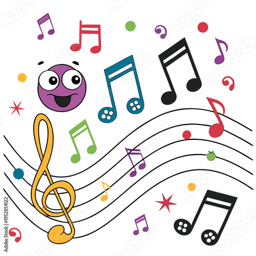 Vibrant musical scene featuring diverse notes, a golden treble clef, a happy purple character, and scattered shapes on white background