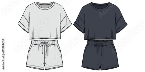 Casual clothing outfit illustration, cropped t‑shirt drawstring shorts, light gray dark gray design, fashion apparel sketch, stylish garment vector, flat vector illustration