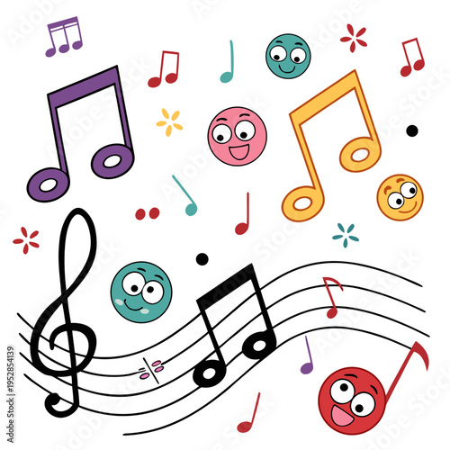 Playful music design with a grinning musical note, happy cartoon faces, colorful notes, and a treble clef on a dynamic staff