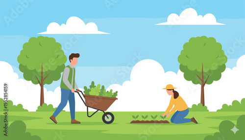 Vector gardening scene with man pushing wheelbarrow and woman planting seedlings in organic farm or backyard garden