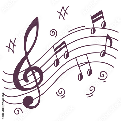 Musical notes and swirl symbols on staff lines music sheet decorative element for design