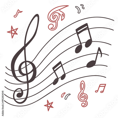 Musical notes stars and clefs on staff lines music sheet design element