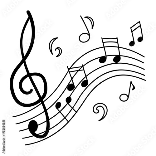 Musical notes treble clef and stave, sheet music with eighth notes and flourish, dynamic sound wave design, artistic graphic element for melody