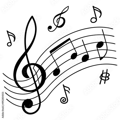 Musical notes treble clef and stave, sheet music with eighth notes and accidentals, dynamic sound wave design, vintage graphic element for auditory arts