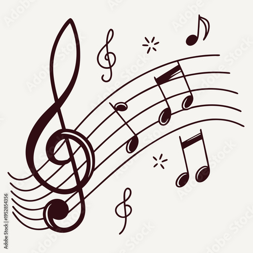 Musical notes treble clef and stave, sheet music with eighth notes and sparkle accents, warm toned sound wave design, elegant graphic element for concerts