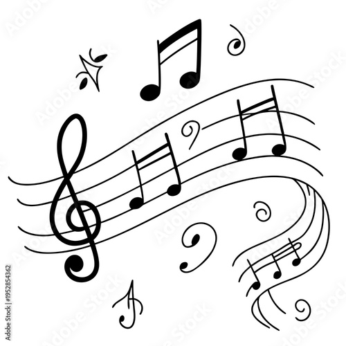 Musical notes treble clef and stave, sheet music with eighth notes and abstract swirls, energetic sound wave design, creative graphic element for harmony