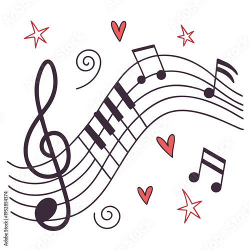 Decorative musical notes and piano keys on staff with treble clef and whimsical hearts and stars perfect for artistic and celebration themed designs