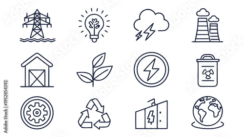 Collection of environmental icons for sustainability and eco friendly living, clean energy and recycling symbols, nature and industry concepts