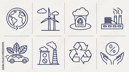 Set of line art icons illustrating environmental protection and sustainable development such as renewable energy and ecological industry practices
