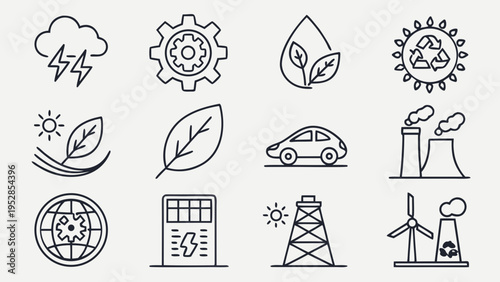 Set of eco friendly environment icons, clean energy, recycling, nature, industry, sustainable living, global ecology symbols, business concept