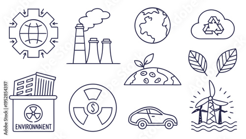Environmental protection icons collection, clean energy, recycling, nature, industry, sustainable living, global ecology symbols, business concept